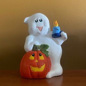8” Halloween Ghost with Pumpkin Ceramic Figure / Fall Decor